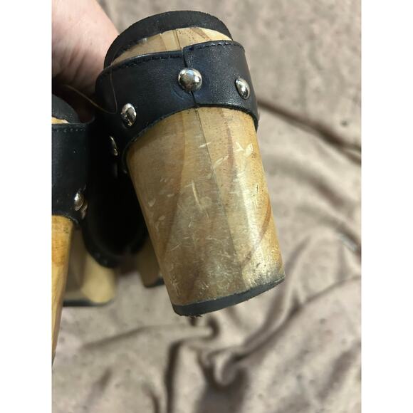 Chelsea & Violet Black Leather Wood Heel Clogs Women’s 10 Boho Retro - Picture 4 of 8